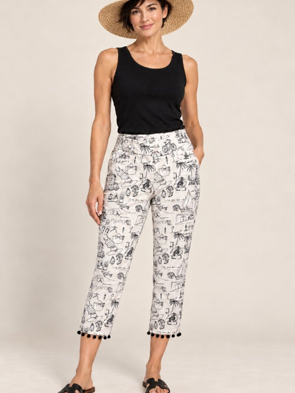 Chico’s Vacation Print Capri Pants with Pom-Pom Trim – Size 1 / US 8